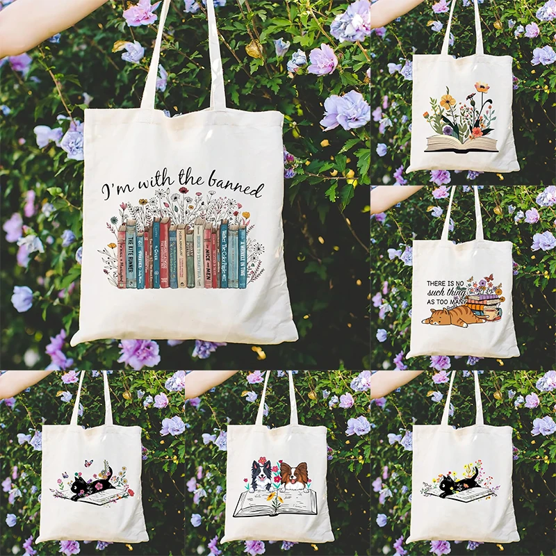 

Book Canvas Tote Bag for Women Shoulder Bags Aesthetic Cute Cat Graphic Eco Shopping Bag Grocery Reusable Bags Women Gift