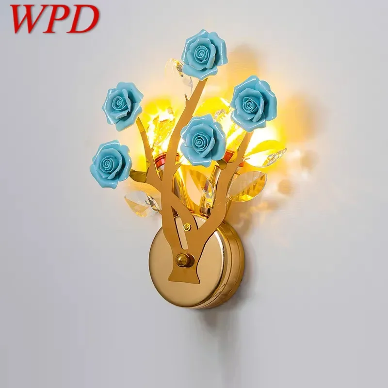 WPD Contemporary Crystal Wall lamp Creativity Ceramics Rose Blossoms Living Room Bedroom Girl's room Villa LED Bedside Light