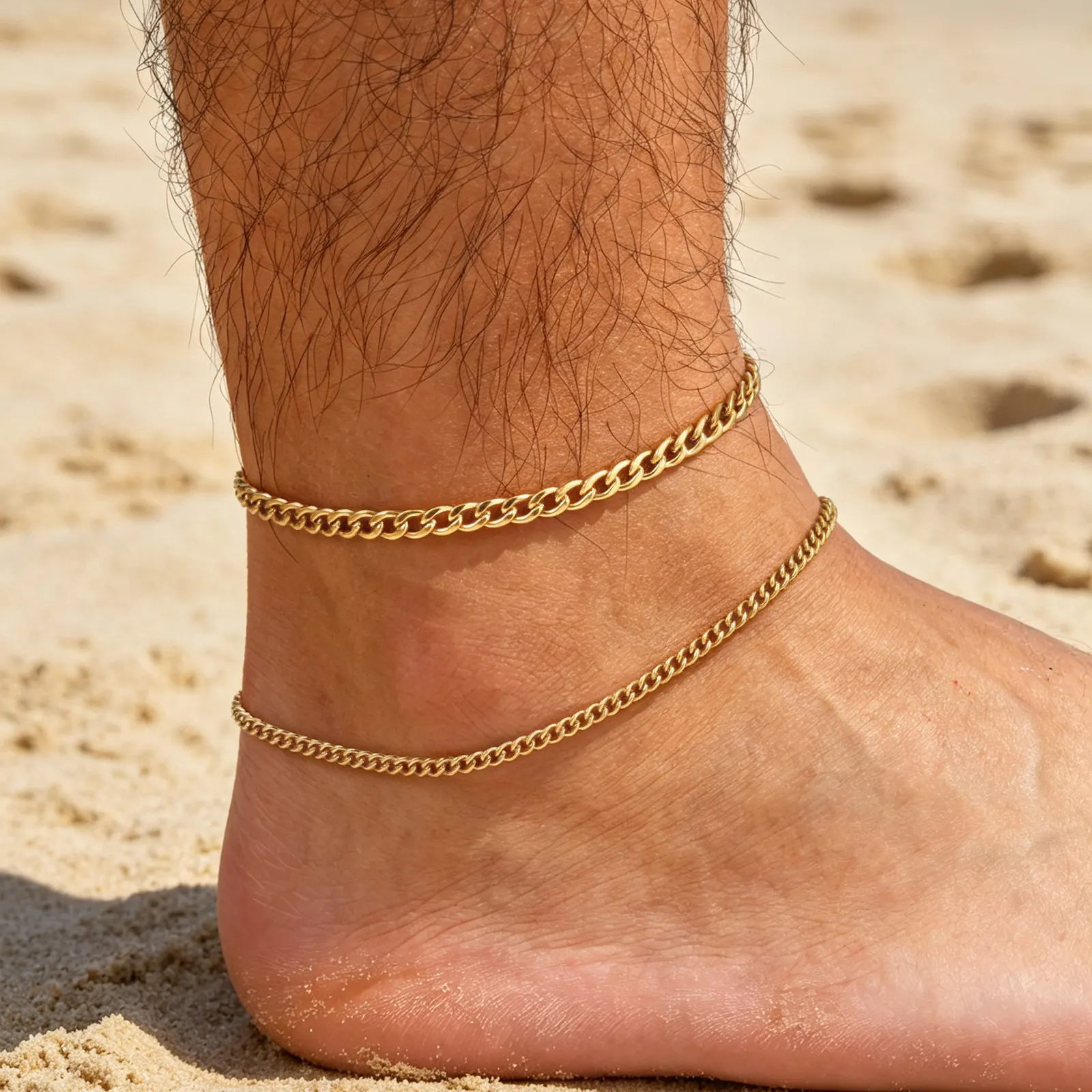 2 Stück Herren-Ketten-Fußkettchen, Hip-Hop Wasserdichtes Edelstahl Kubanisches Gliederarmband, Sommer-Strandschmuck für Jungen und Männer – Detail 7