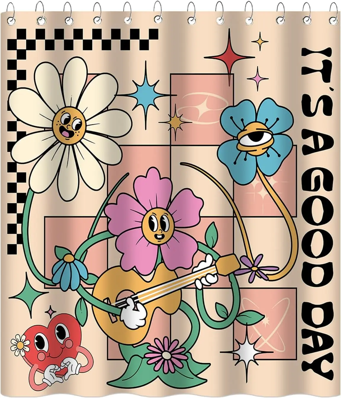 

Занавеска для душа в стиле ретро 70-х годов для девочек, забавная занавеска для душа с цветочным принтом и 12 крючками, белые, синие цветочные звезды, музыкальная водонепроницаемая