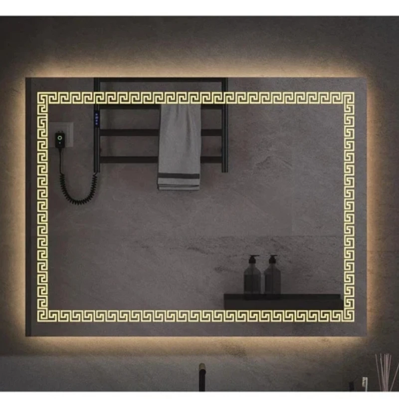Bathroom Mirror 40x60 cm Rectangular Anti-fog LED with Greek Key Pattern Backlit HD Wall Mounted Shatterproof Dimmable