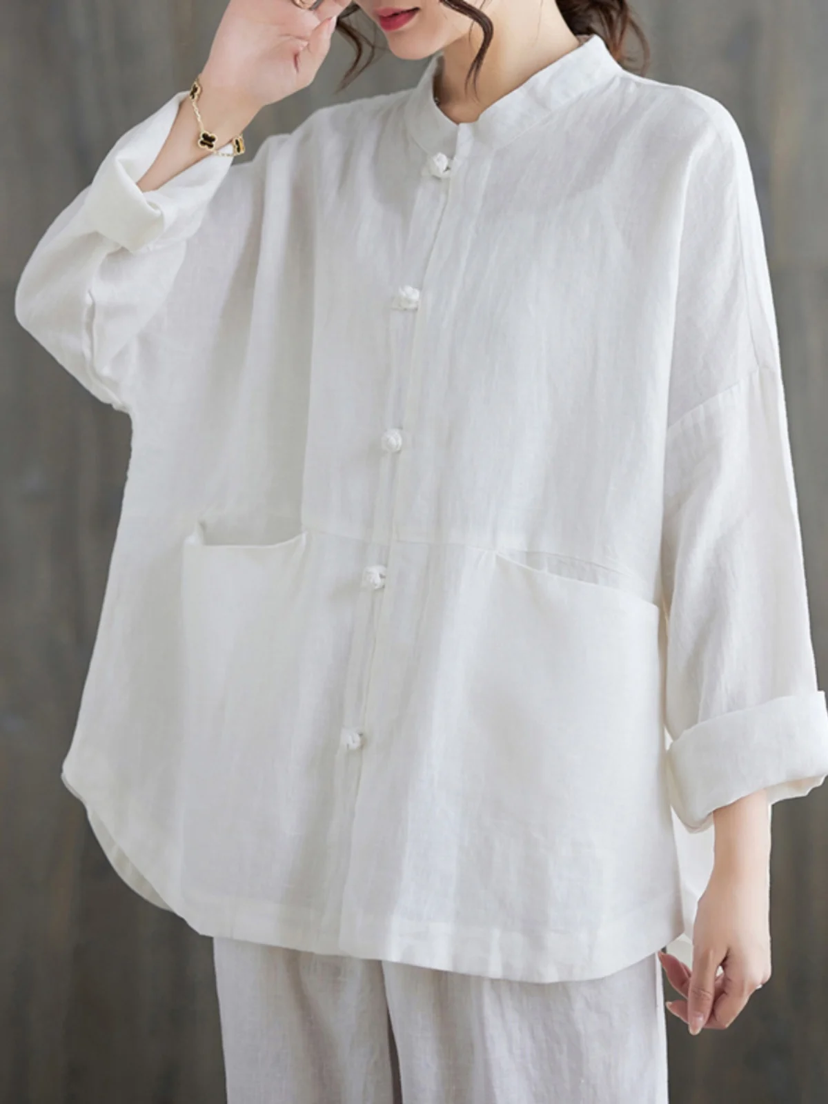 ex Zen Sle لون نقي الكتان irt الوقوف طوق زر يصل سترة ملابس خارجية كبيرة الحجم المرأة Faion لباس غير رسمي