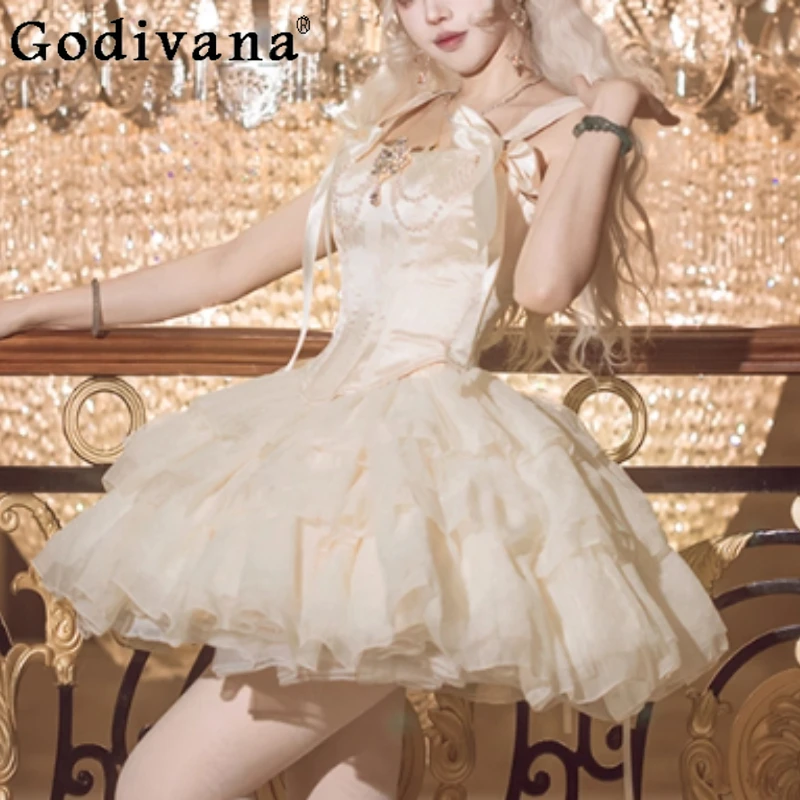 Elegant French Lolita Ballet Sweet High Waist A-line Cake Skirt Slash Neck Versatile Age-Reducing Suspender Top Two-Piece Sets