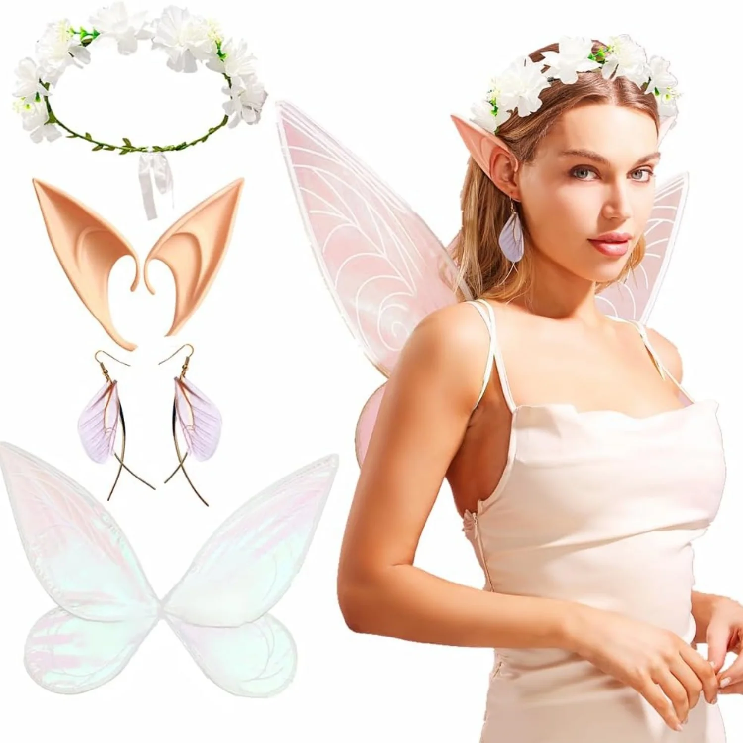 Laventy Fairy Wings for Adults Fairy Wings Costume Women Fairy Elf Ears Floral Headband Crown Fairy Wings Earrings