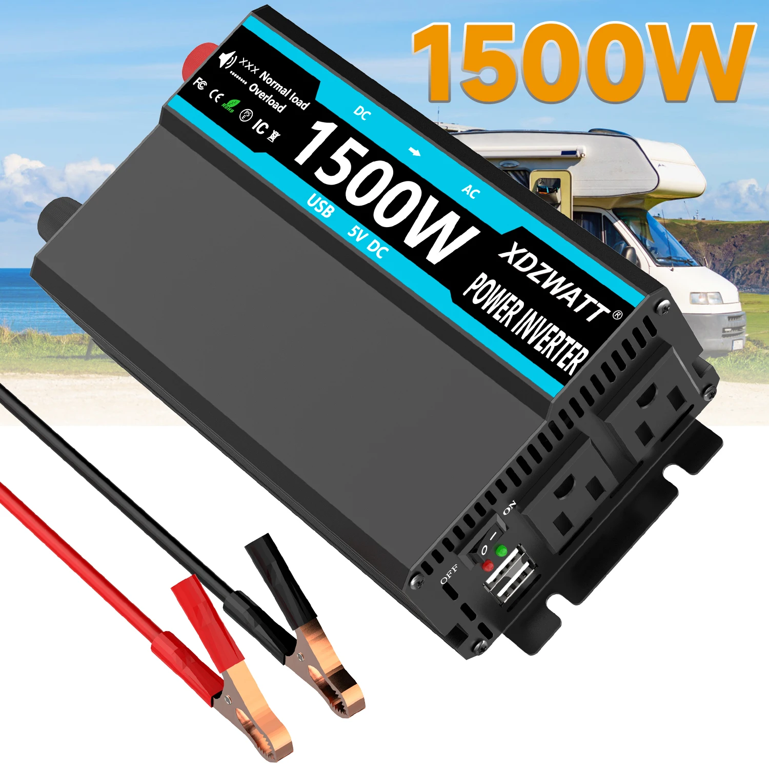 

Car Power Inverter 500W/1500W DC 12V To AC 120V Transformer with Dual Socket Charge,2×0-2.4A USB Port.