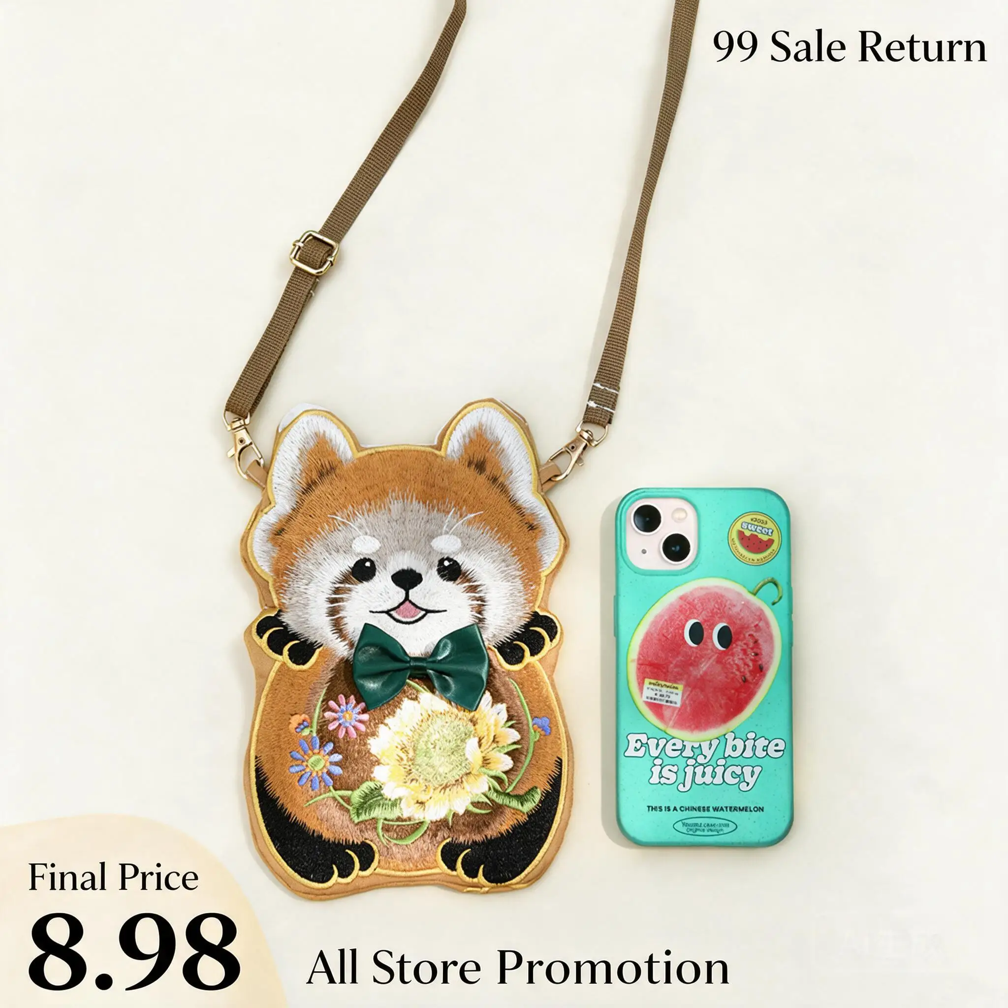 Cute Embroidered Brown Red Panda Crossbody Bag For Women New Chinese Style Adjustable Strap Daily Casual Hanfu Matching Purse