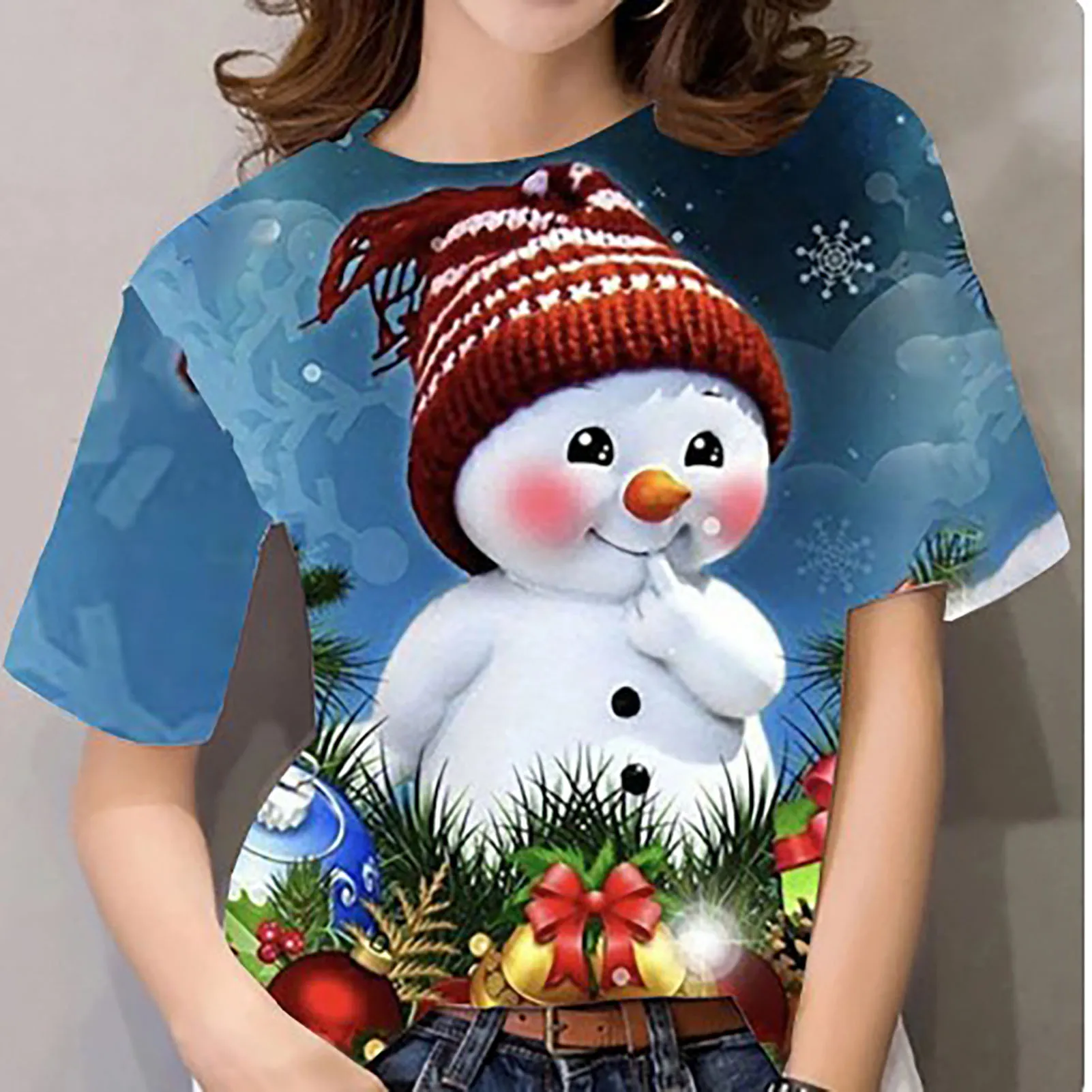 Women's Christmas Print T-shirt Santa Claus 3D Printing Short Sleeve Shirt Suitable for Friends Gathering Wear