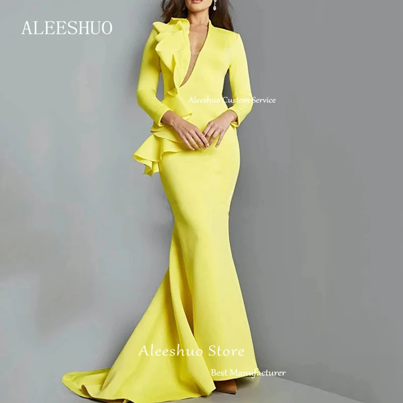 Aleeshuo Elegant Mermaid Prom Dresses Satin Sexy Deep V-Neck Party Long Sleeve Formal Party Gowns Long Train 2025 Customized