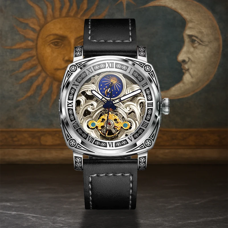 

A stylish vintage embossed case with a black strap for men, a fully automatic mechanical watch of the sun and moon phases