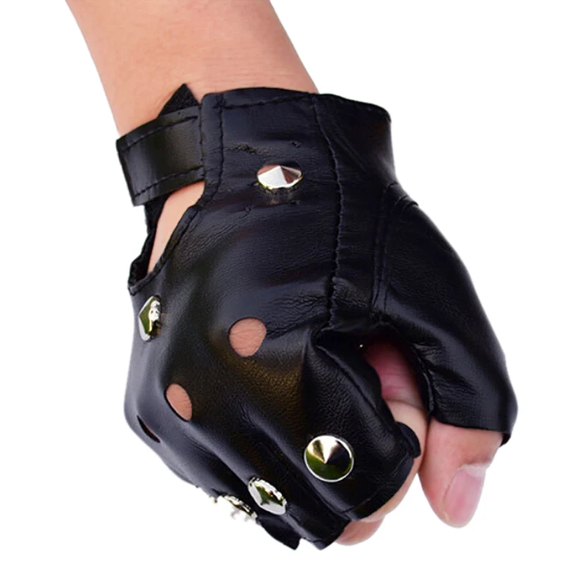 Gants courts sans doigts en cuir, mitaines noires RiSALE Stud Half Finger Fashion