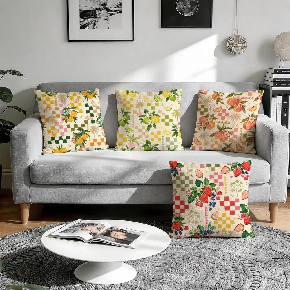 Boho Check Botanical Cottagecore Cushion Cover Natural Breathable Durable Linen Printed Decor Pillow Case Sofa Bedroom