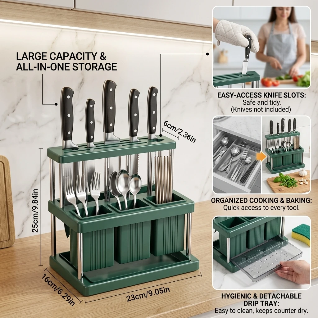 Kitchen Knife Holder Multi-Function Cutter and Cutlery Drainer Rack PP Space Saving Kitchen Utensil Organizer Rack New 2026