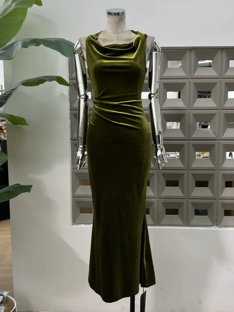 DFDG المرأة المخملية فستان ماكسي ريترو ثنيات الرقبة بلا أكمام Ruched الخصر الأزهار خمر ألف خط فستان طويل 2025 الربيع الصيف #3