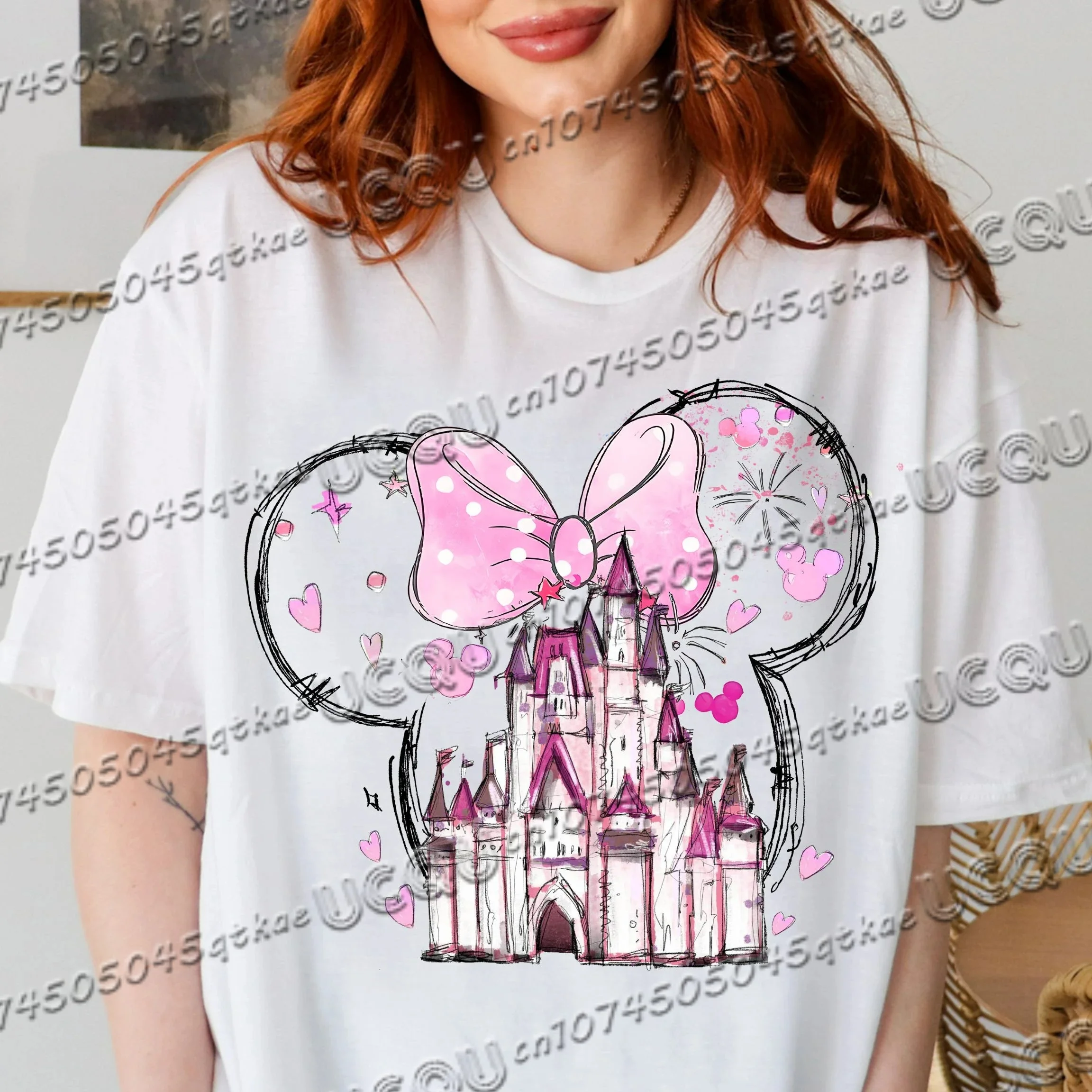 

Disney Ears Castle Watercolor Print Short Sleeved Shirt For Women's Girlfriends Fashionable And Casual Versatile T-Shirt Tops