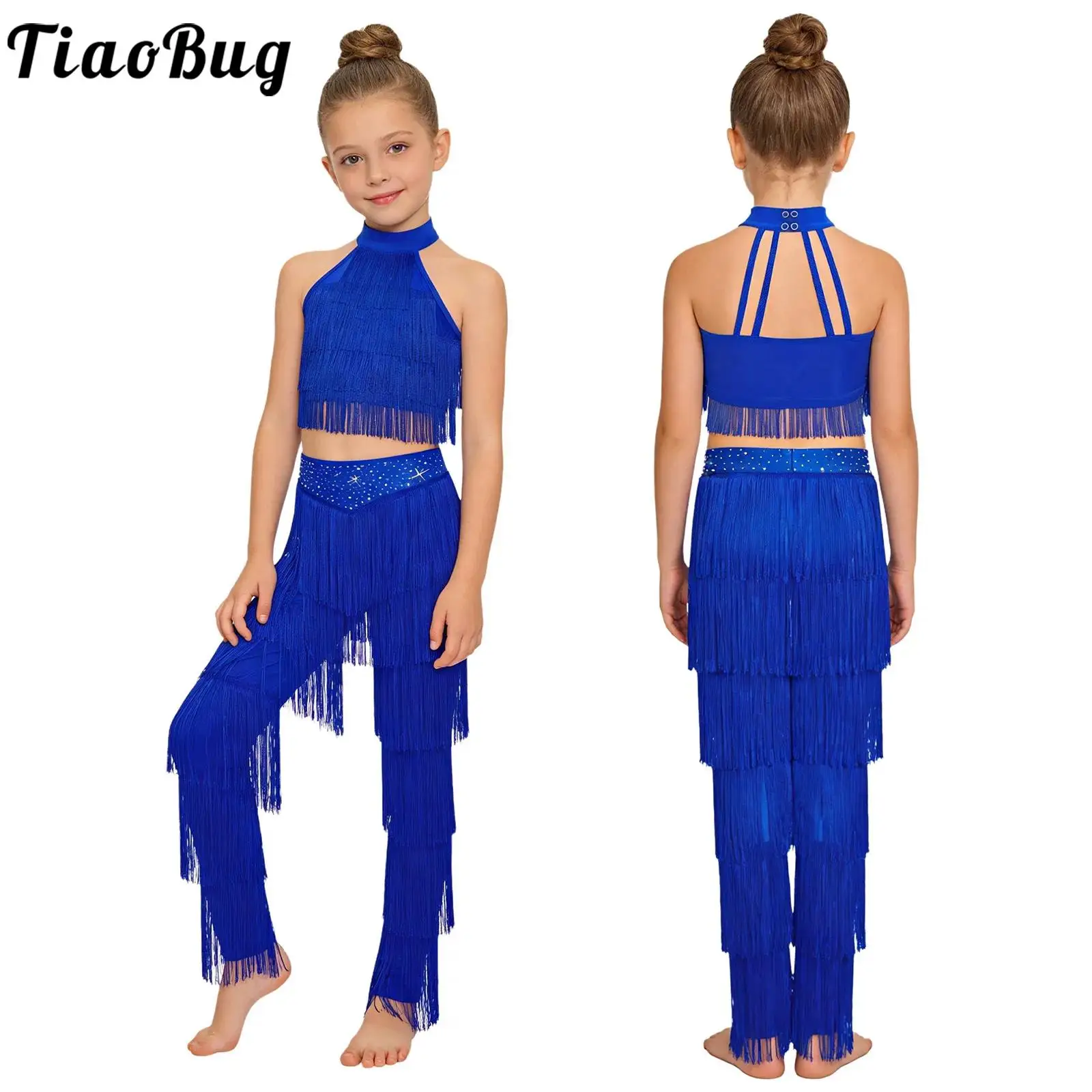 

Детский танцевальный костюм для девочек: комплект для сальсы, латины, танго, ча-ча-ча, самбы, румбы – топ без рукавов с многоярусными бахромами и брюки с бахромой