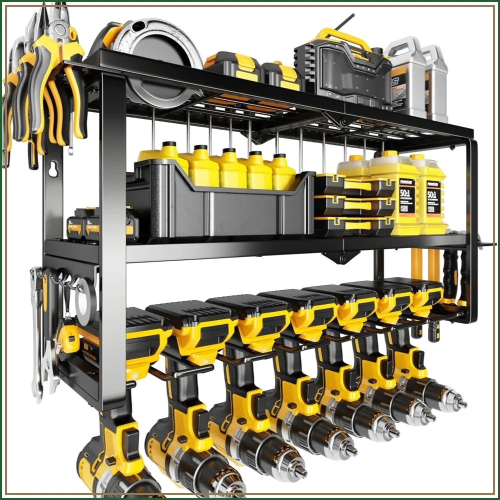 

300lb Capacity 3-Tier Tool Organizer with 7 Drill Holders, Wall Mount for Garage, Dad Gifts