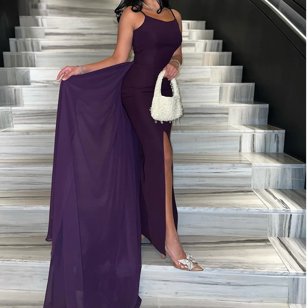 

Customized Jersey Straight Spaghetti Straps Evening Dress Side Slit Strapless Floor Length Sleeveless Panel Train Delicate