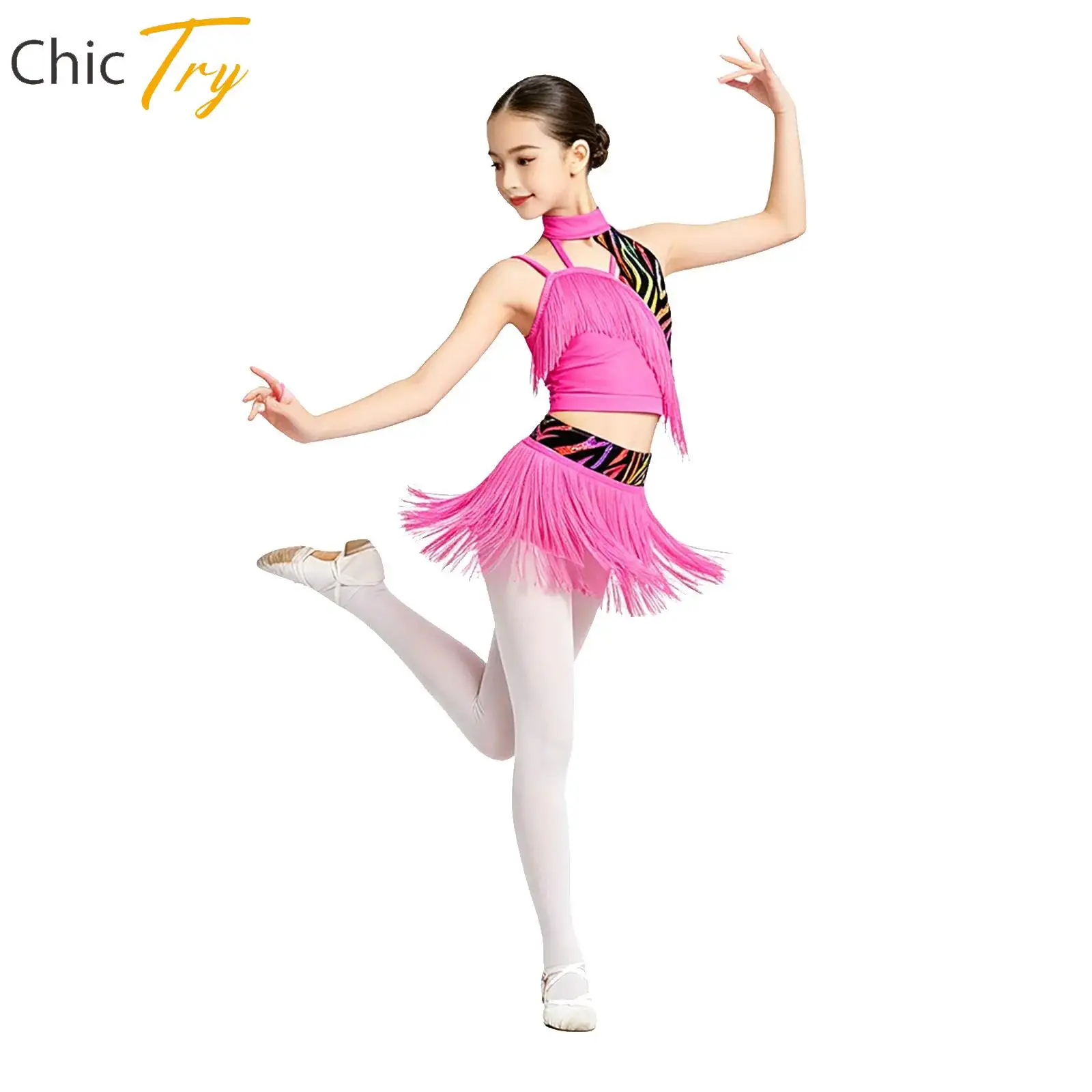 

Kids Girls Salsa Latin Tango Cha-cha Dance Costume Set Samba Rumba Outfits Sleeveless Asymmetrical Tassels Crop Top with Skirts
