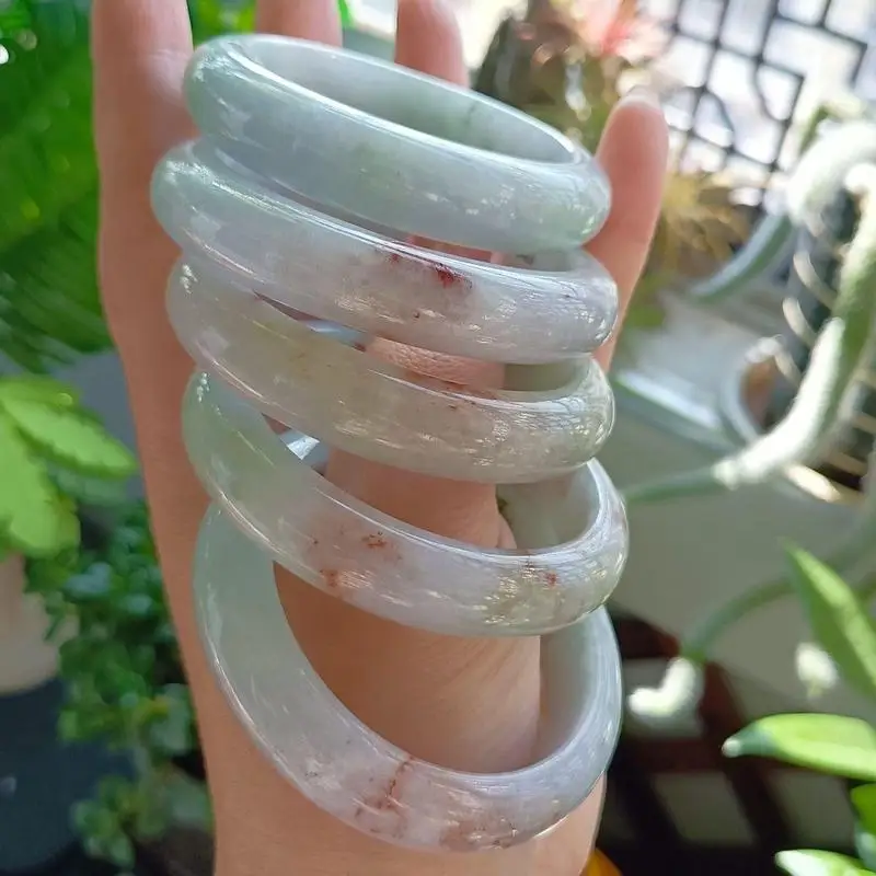 Grade A jadeite bracelet, fine smooth texture, violet color with floral patterns and gold accents, size 52