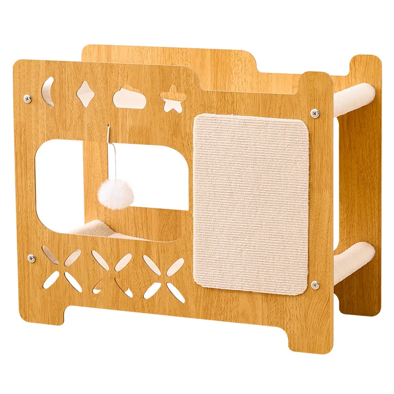 Modern Wooden Bunk Bed Cat Tree with Sisal Scratching Board Double Layer Cat House Indoor Living Room Furniture