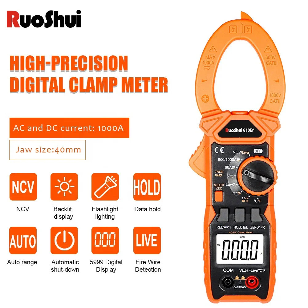 RUOSHUI 610B+ 1000V 1000A AC/DC Digital Clamp Meter 5999 Counts VFC True RMS NCV Live Flashlight Clamp Multimeter