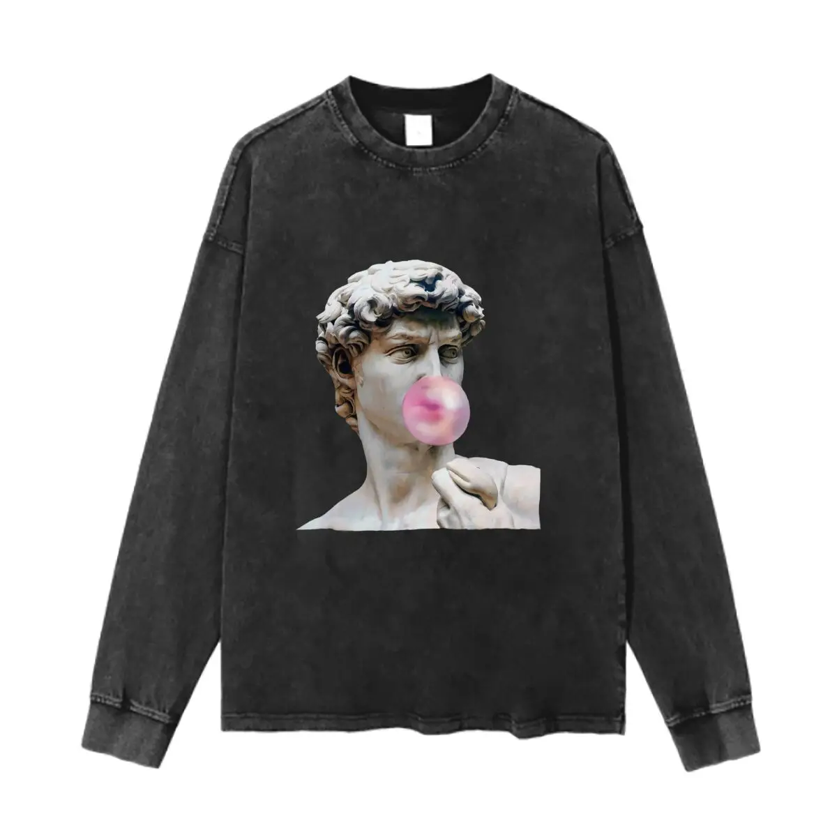 David Statue Bubble Gum Graphic Washed Vintage Long Sleeves Cotton Tee Shirt Solid O Collared For Men's And Women's