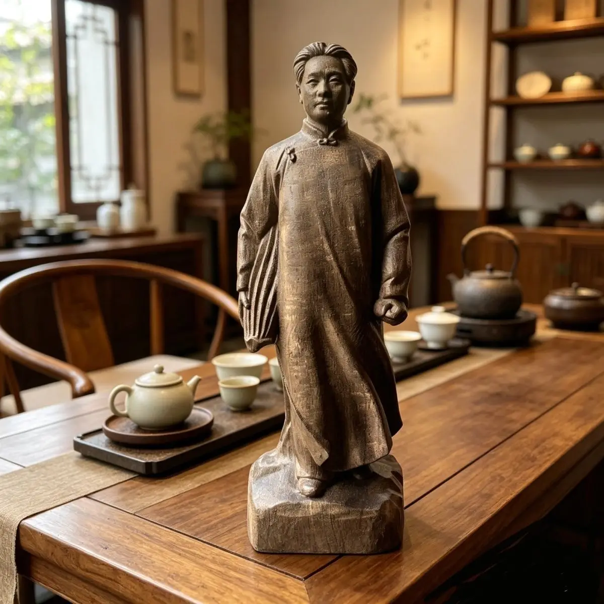 Vintage Agarwood Office Chairman Hand Carved Youth Figure Traditional Mascot Home Office Desk Ornament Statue