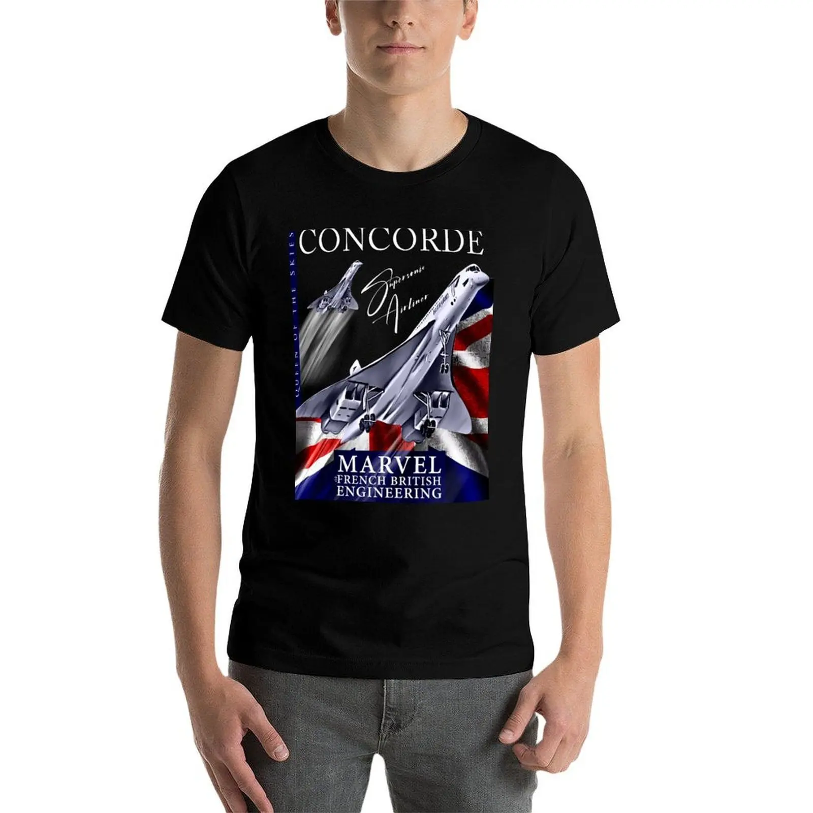 كونكورد ريترو خمر الطائرات البريطانية الفرنسية السفر الطيار تي شيرت تي شيرت للرجل سليم صالح رجل تي شيرت جرافيك تي شيرت
