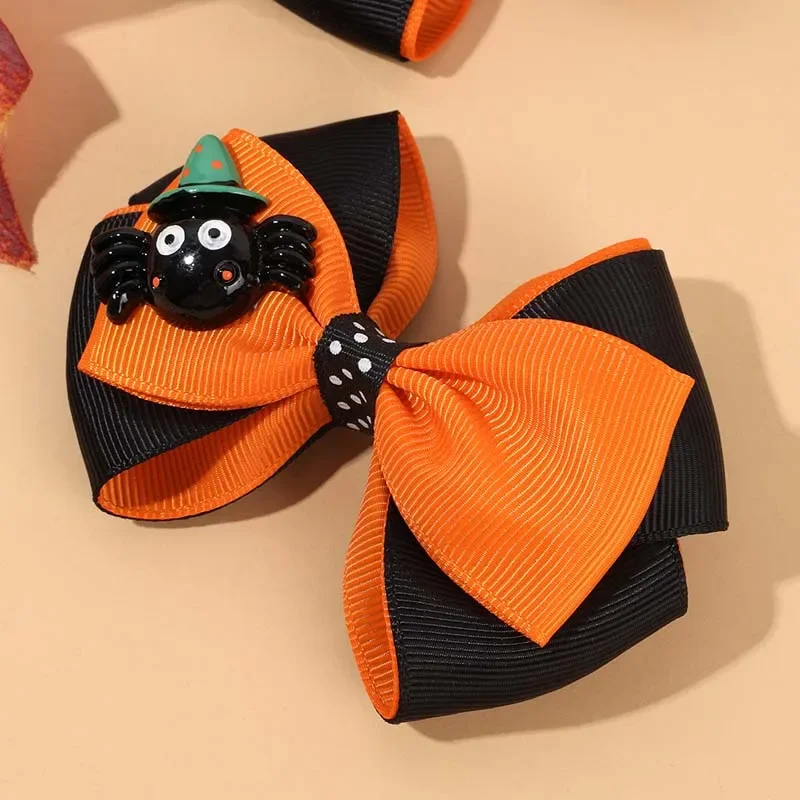 ncmama 2Pcs Halloween Hair Bow Clips Cute Ribbon Bow Hairpin with Spider for Girls Halloween Hair Accessories Children Barrettes