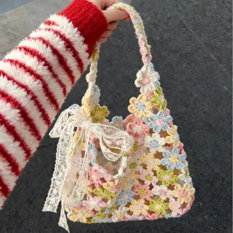 

Hand-woven Colorful Flower Shoulder Bag Fashion Versatile Travel Vacation Beach Tote Bag Cute Crochet Women's Handbag