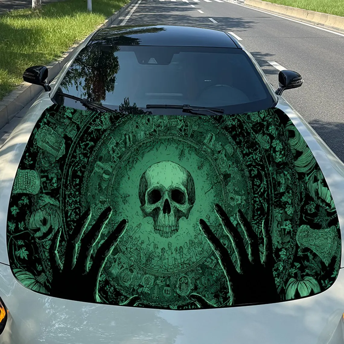 

Glowing Skull and Hands Car Engine Hood Vinyl Wraps Sticker, Trendy Auto Cover Decal, Waterproof Self-adhesive Vehicle Decal, An