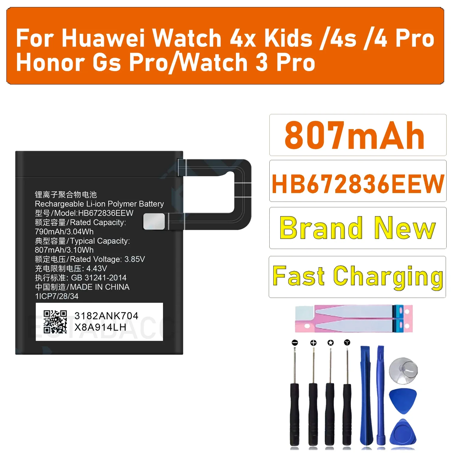 

Battery HB672836EEW 807mAh For Huawei Honor GS Pro/ GLL-AL01/ 4X KIds/4s Watch Battery + Free Tools