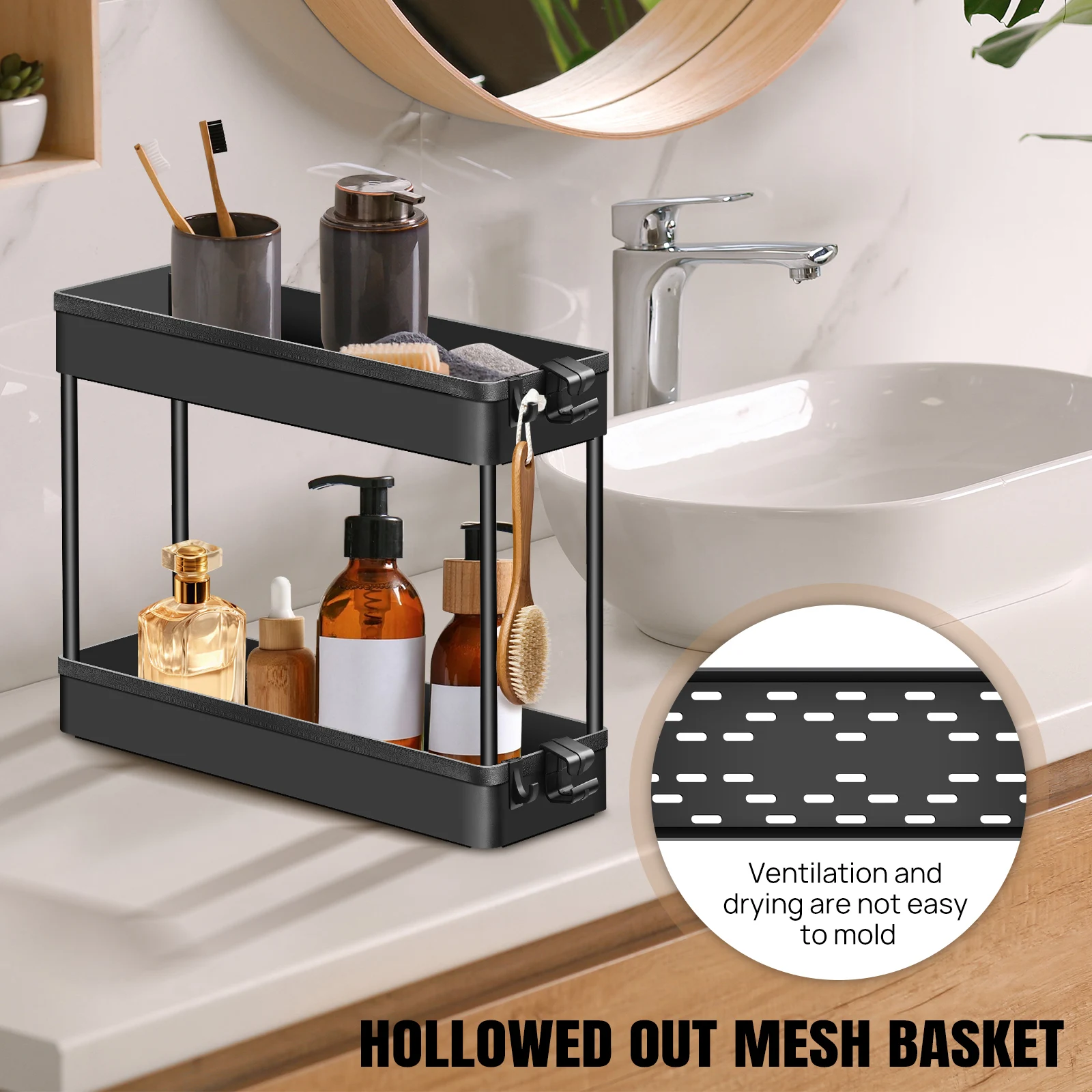 360 °   عربة تخزين متنقلة بعجلات دوارة، إطار فولاذي من 3 طبقات مع خطافات للمساحات الضيقة وغرفة نوم المطبخ والحمام