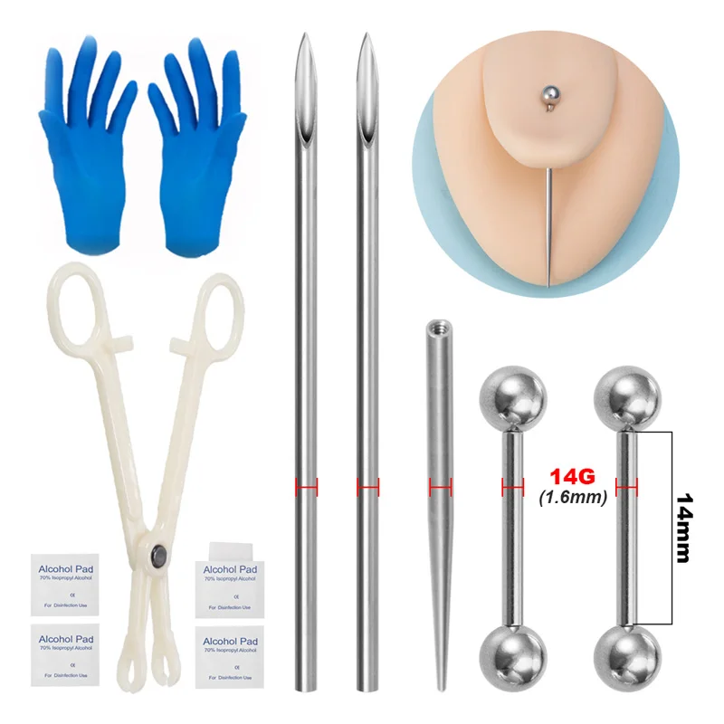 Chirurgenstahl-Körperpiercing-Werkzeug-Set, professionelle Nadeln, Klemmzange, Handschuhe, Zugstift, Werkzeug für Lippen, Nase, Nabelpiercing-Set, Schmuck – Detail 9