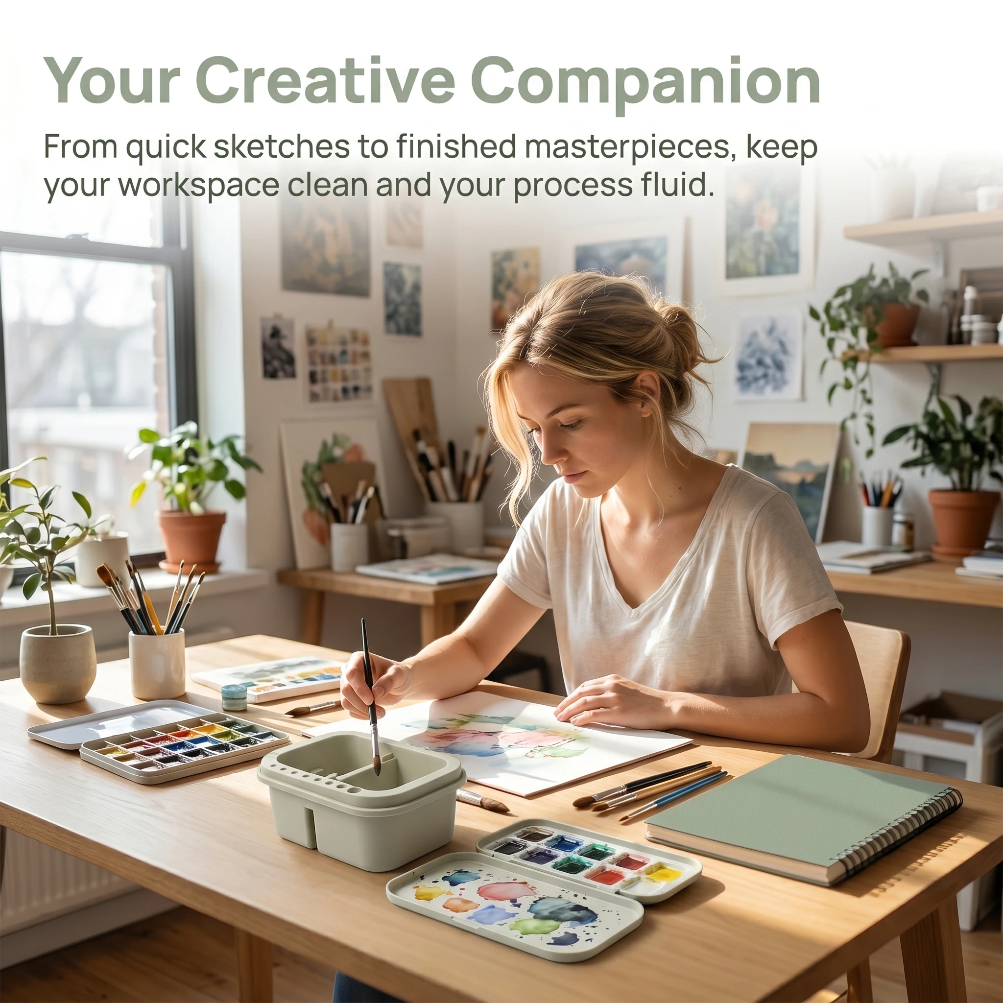 All-in-1 Paint Brush Cleaning System, Multi-Functional Washing Basin with Brush Holders & Palette Lid for Artists view 3