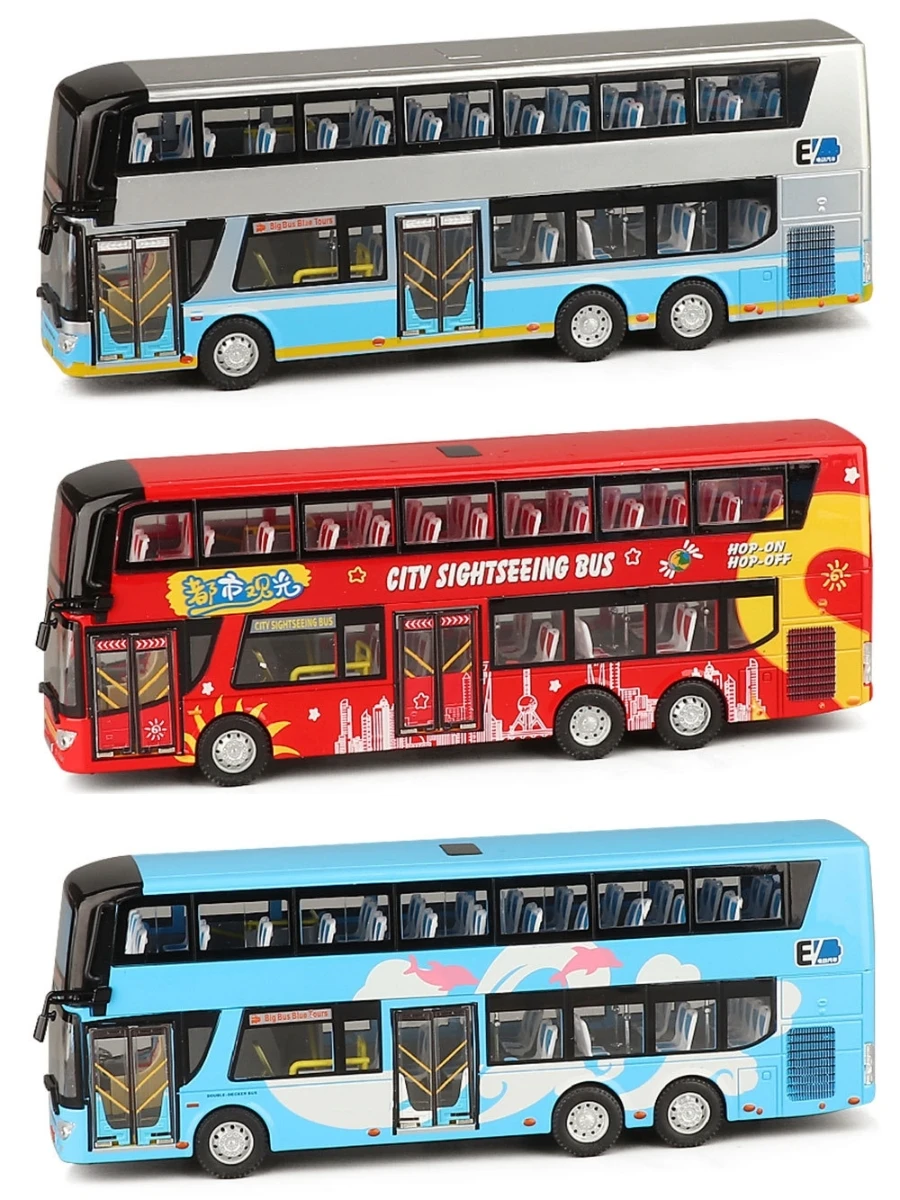 1:42 Scale Double-Decker Toy Bus, City Sightseeing Metal Alloy Model Car Pull Back Sound & Light Collection For Boys, Kid