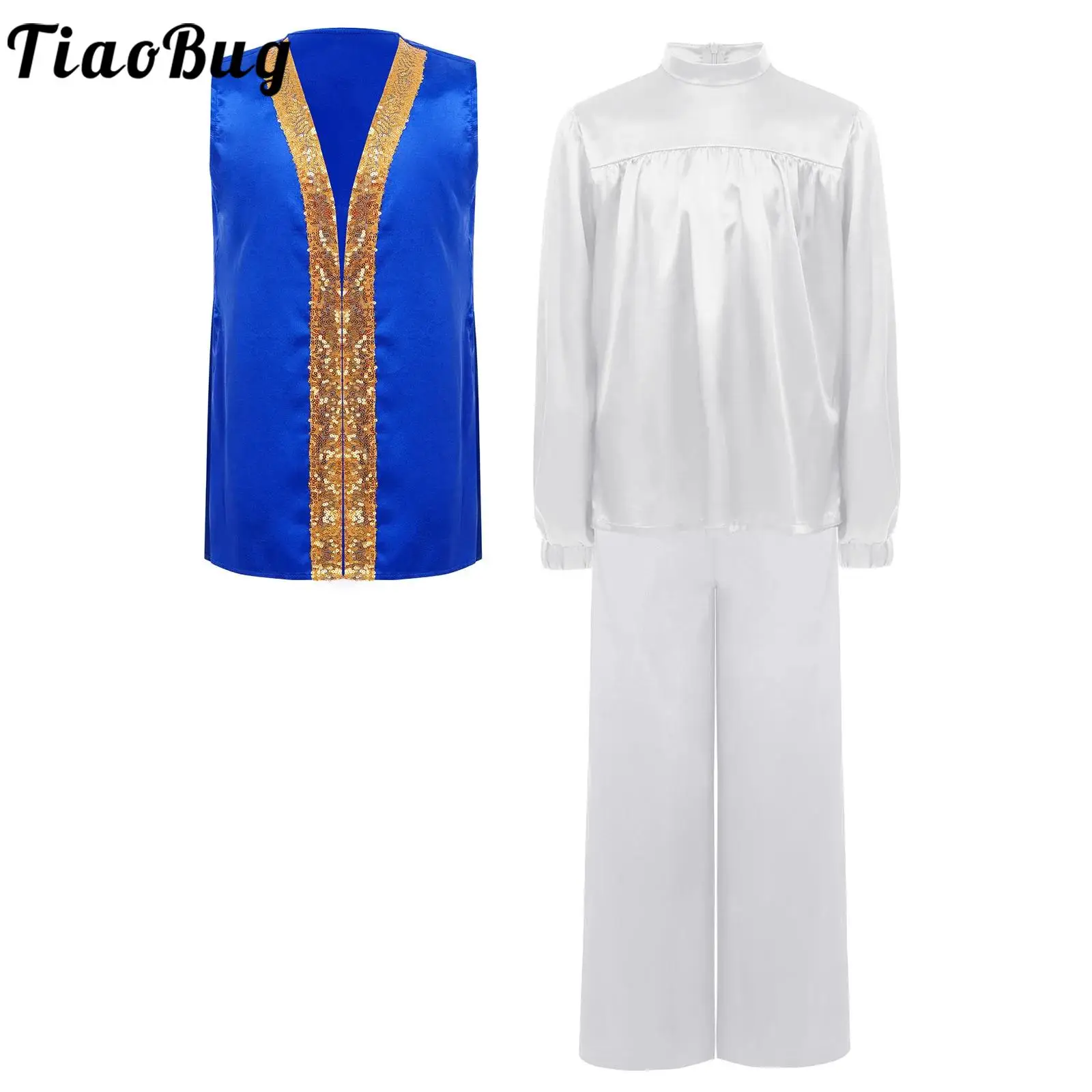 

Kids Boys Liturgical Worship Praise Dance Outfit Lyrical Dance Sets Long Sleeve Zipper Satin Top with Pants and Sides Split Robe