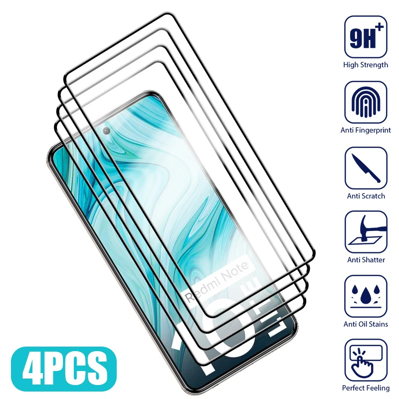 4PCS Full Cover Glass for Xiaomi Redmi Note 10 11 12 Pro 7 8 9 9S 10S 11S Screen Protector on Redmi 9A 9C 9 10 10C A1 Plus Glass