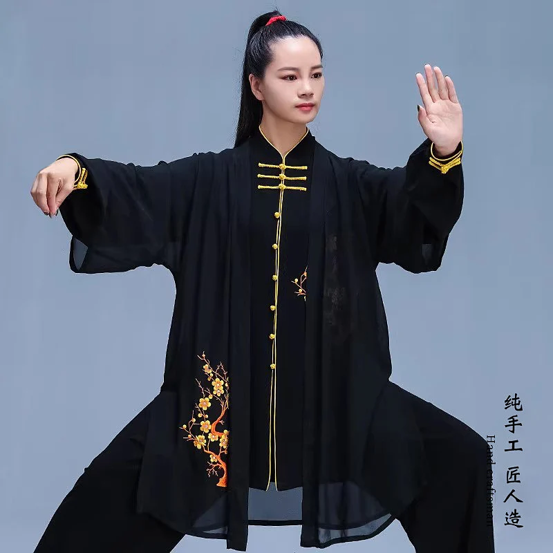 2026 New Embroidered 3-Piece Tai Chi Outfit - Flowy Cotton Linen Suit for Wushu Competition & Performance (Unisex)
