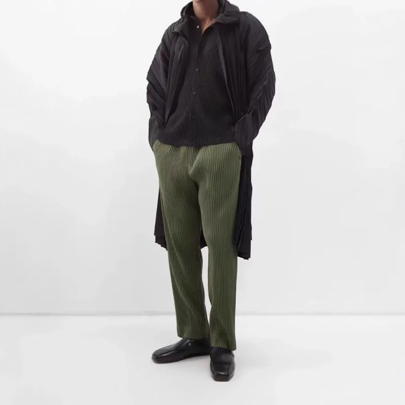 

Miyake Pleated Men’s Pants Loose Fit Wide Leg Straight Trousers Summer Men Clothing Casual Office Style Long Pants Japan Style