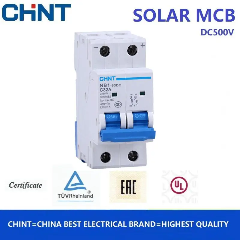 CHINT DC Circuit Breaker NB1-63DC 2P DC500V 6KA C1A 2A 3A 4A 5A 6A 10A 16A 20A 25A 32A 40A 50A 63A Mini DC Circuit Breaker CE