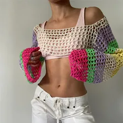 New European and American Women's Sexy Hollowed out Knitted Sweater with Round Neck and Long Sleeves
