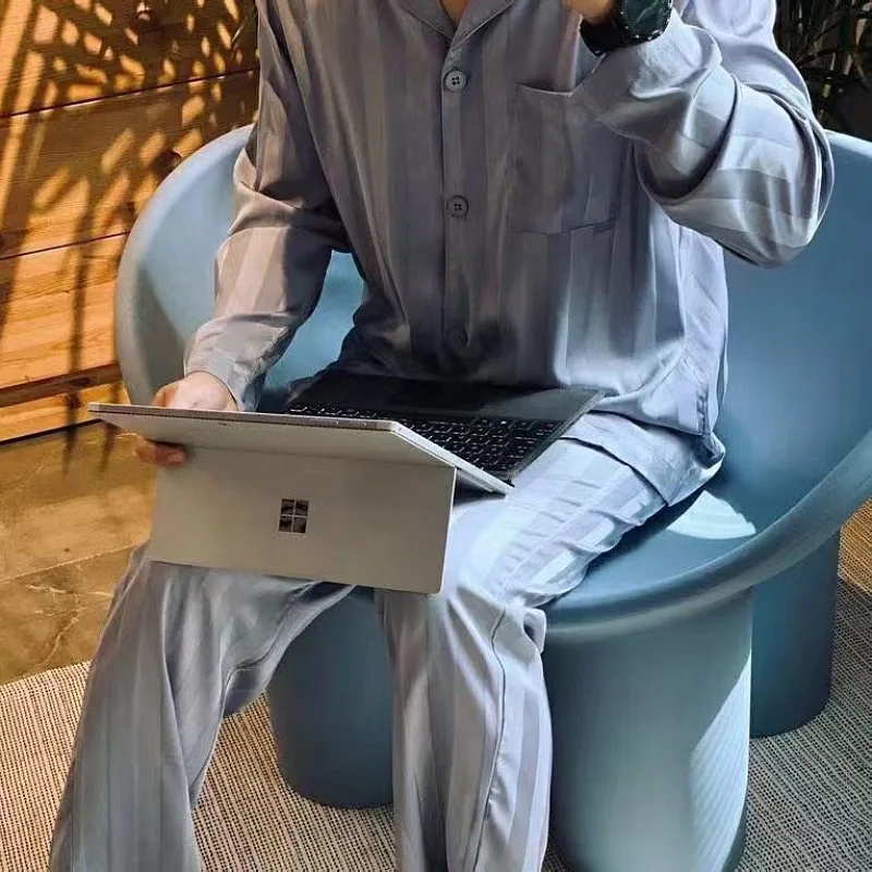 Simple Luxury Outer-Wearing Pajamas for Men Women New Style Dark Stripe Haze Blue for Spring Autumn Home Clothes Stock Available