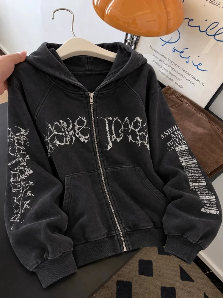 Jacket Women Urban Streetwear Zip Black Grey Distressed Hooded Multi Position Personality Letter Print Trendy Chic Cardigan