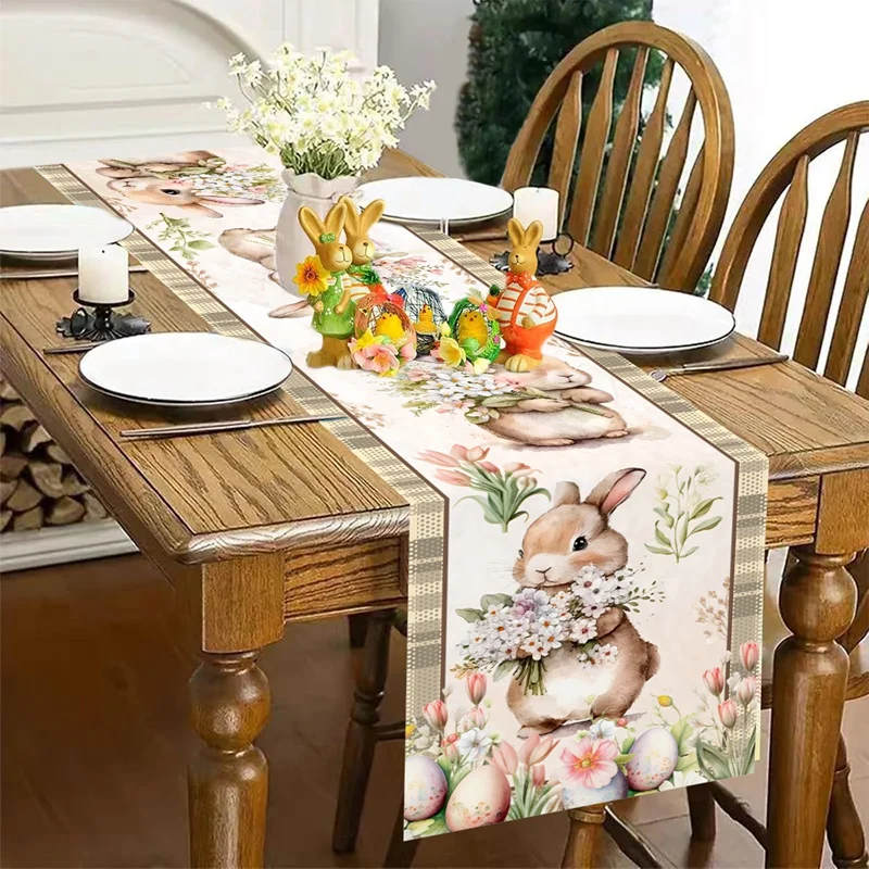 2025 Vintage Easter Table Runner Polyester Bunny Dining Table Cloth Spring Holiday Happy Easter Decoration For Home Party Gifts
