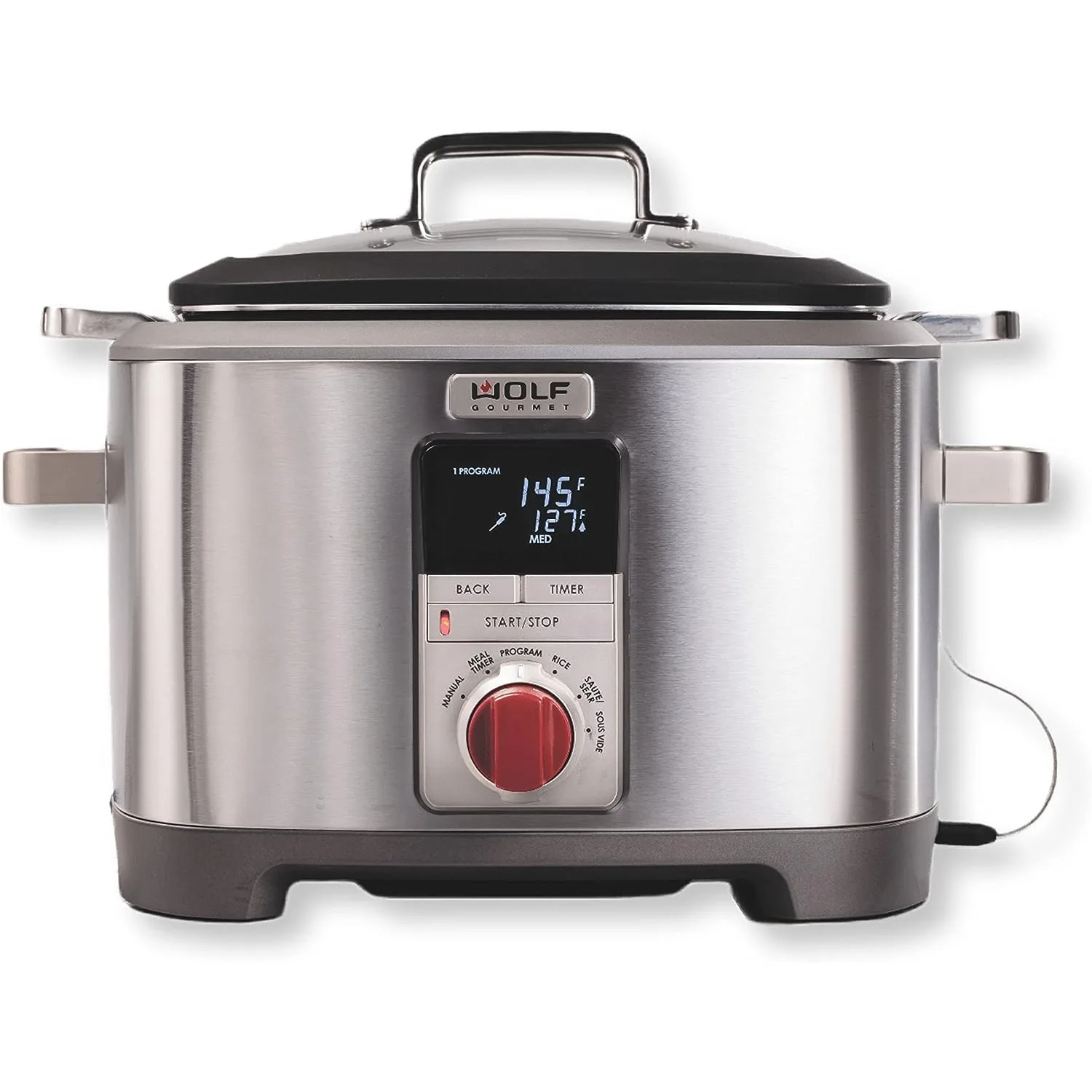 

Programmable 6-in-1 Multi Cooker with Temperature Probe, 7 qrt, Slow Cook, Rice,Sauté, Sear, Sous Vide,Stainless Steel, Red Knob