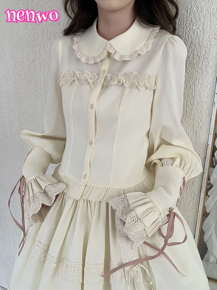 

Кремово-желтая рубашка и юбка в стиле Лолита для женщин с рукавами «кроличья лапка», длинный рукав, милый и нежный стиль Лолита