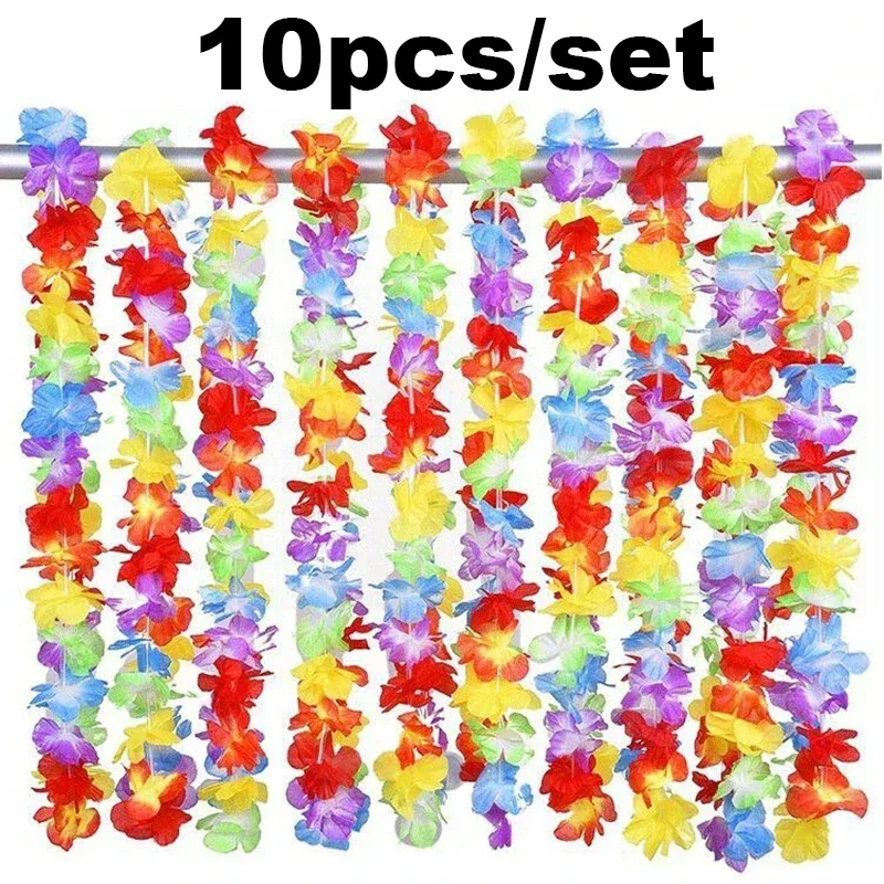 10pcs Set Hawaii Party Leis Flower Wreath Garland Hawaiian Necklace Torpil Hawai Floral Farmhouse Decor Hawaiian Fabric