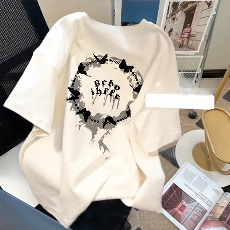 T-shirt da donna estive vestibilità ampia Camicie grafiche casual T-shirt casual a maniche corte nere da donna T-shirt Harajuku con o-collo