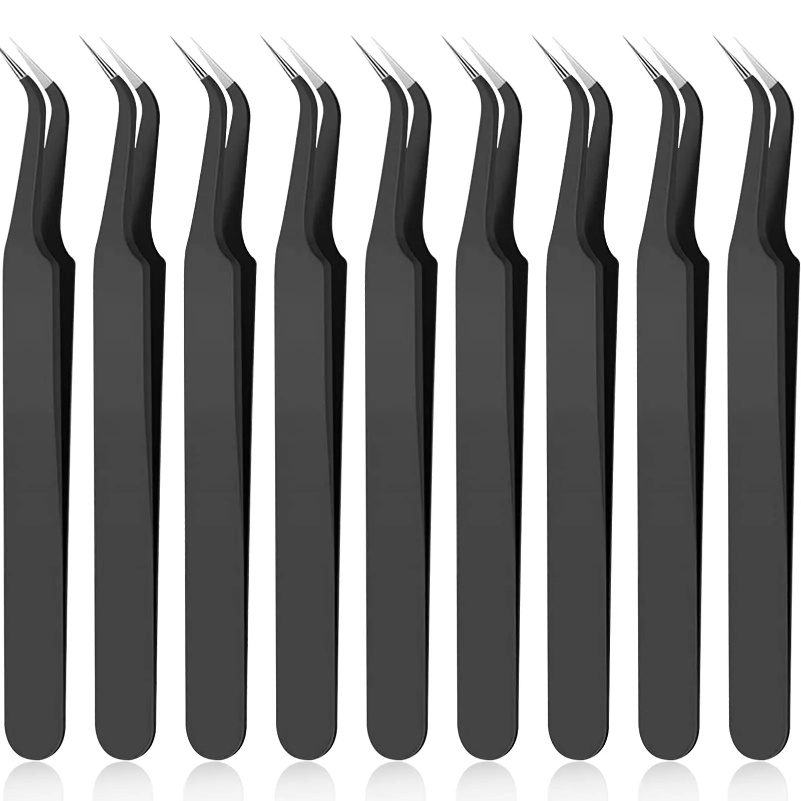 Extension Tweezers Stainless Steel Curved Tip 1/9Pcs Eyelash , Curved Tip Tweezers Pointed Tip Tweezers with Protective Cover